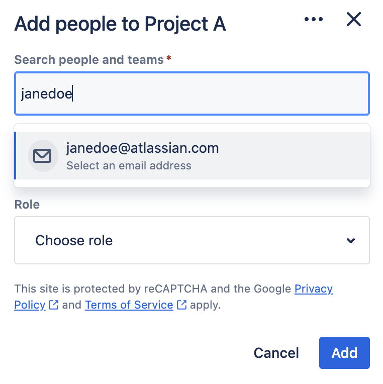 The add people window suggests an email address based on the searched name and your own email domain