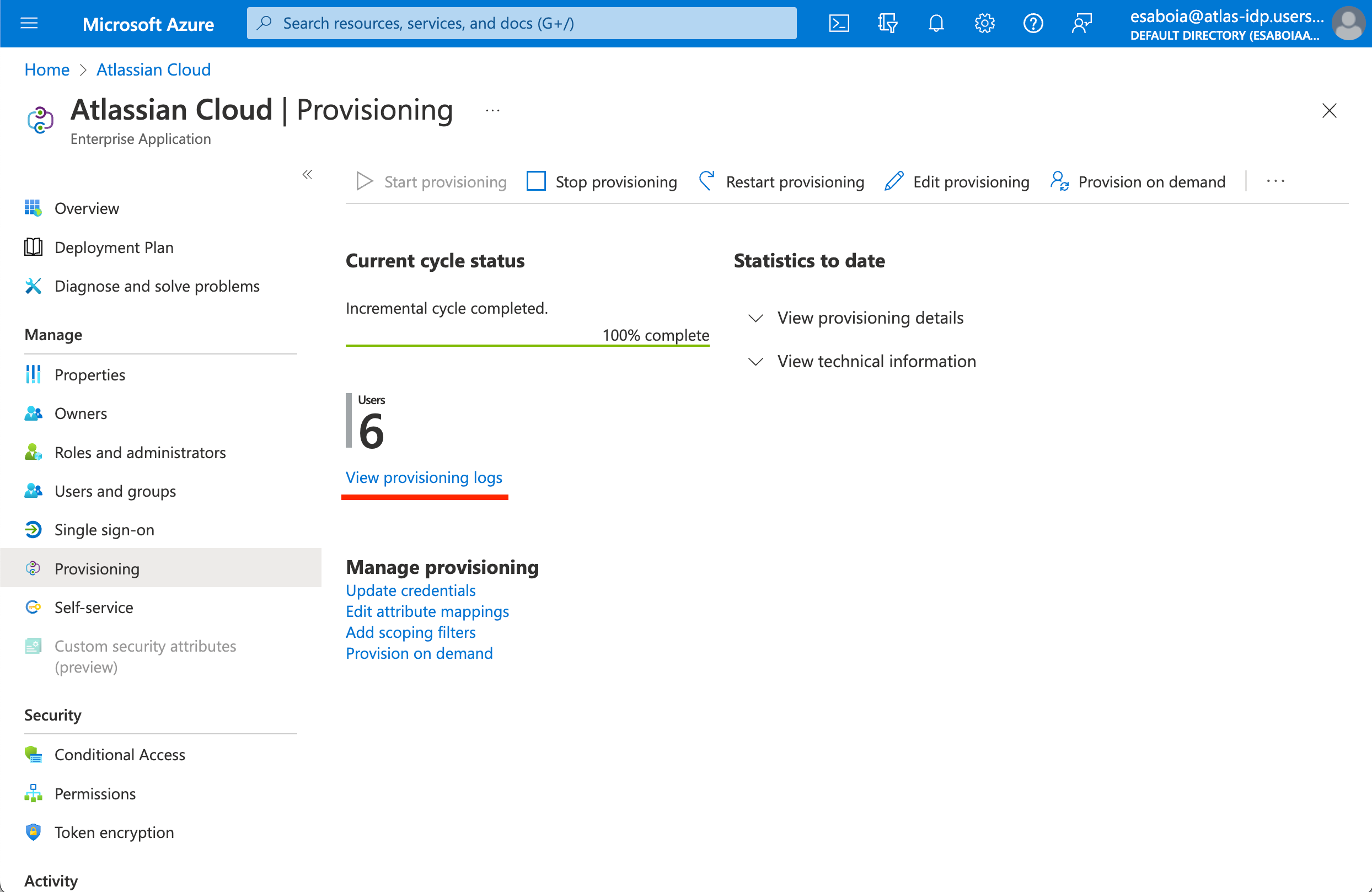 Azure AD showing the provisioning tab for Atlassian Cloud
