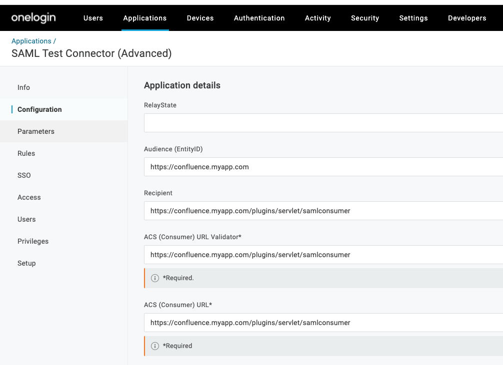 Screenshot showing the SAML Configuration page in OneLogin. The image shows 'RelayState',  'Audience', 'Recipient' and ACS