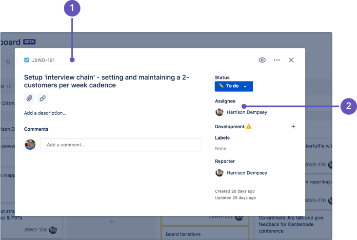 An annotated issue, displaying the assignee field and several other fields in an issue.