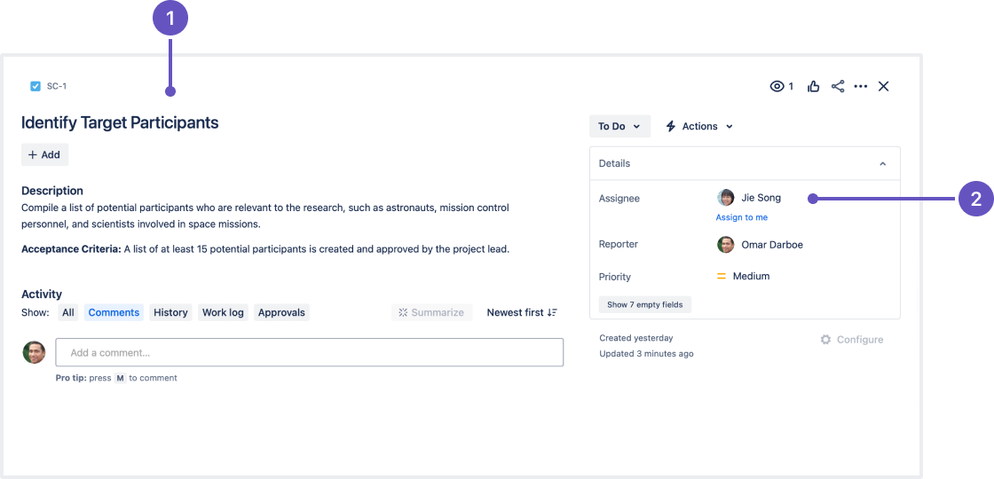 An annotated issue, displaying the assignee field and several other fields in an issue.