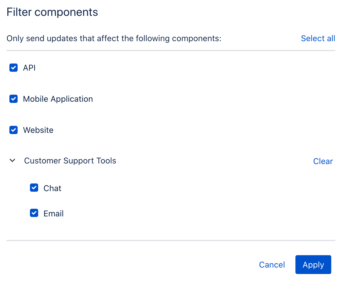 ユーザーがコンポーネントを選択して Slack 通知を対象に対してフィルタリングする、フィルター コンポーネント モーダル。