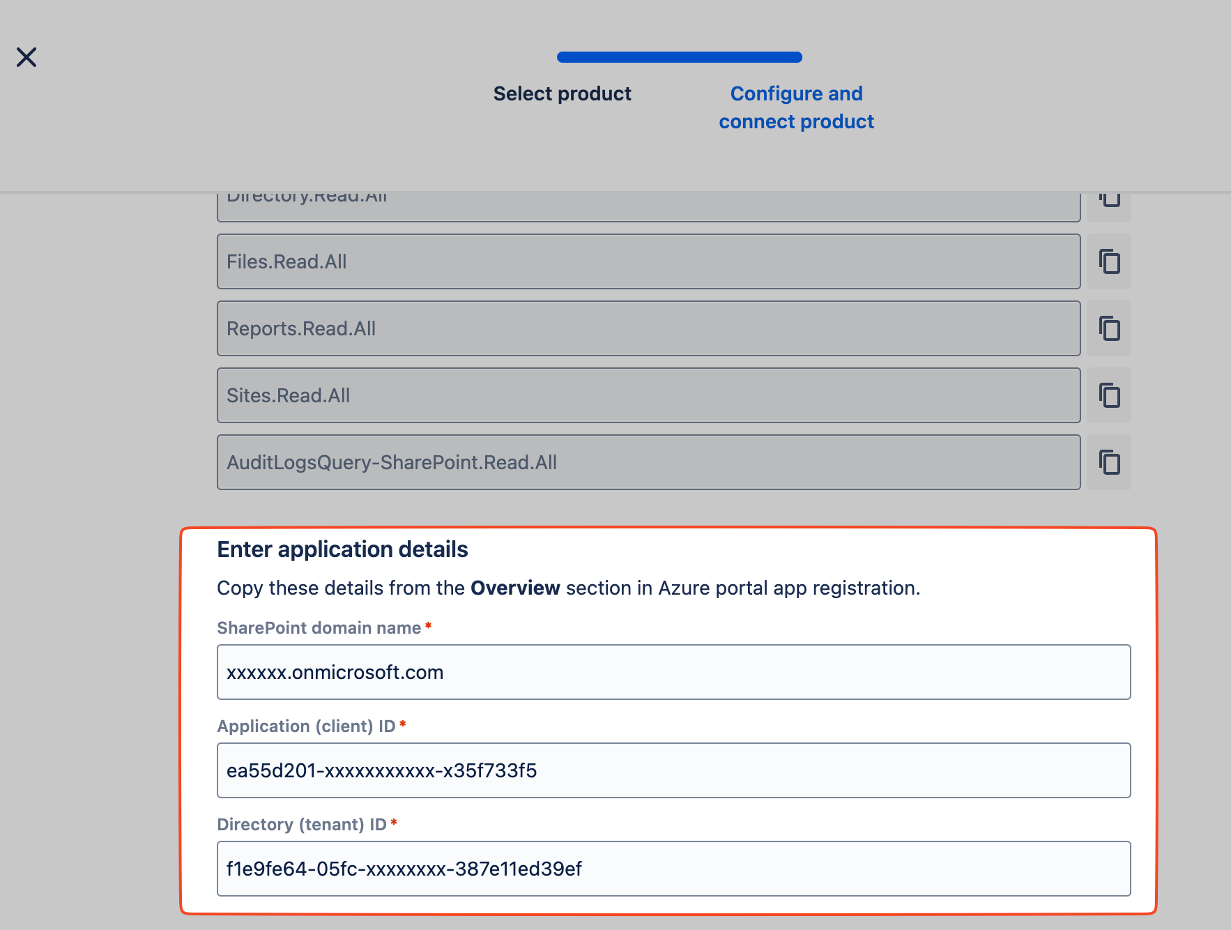 Screenshot of Atlassian Admin setup screen for SharePoint, where you enter the application details