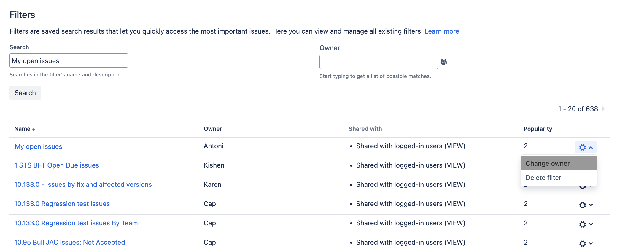 Change owner option selected for a specific filter.