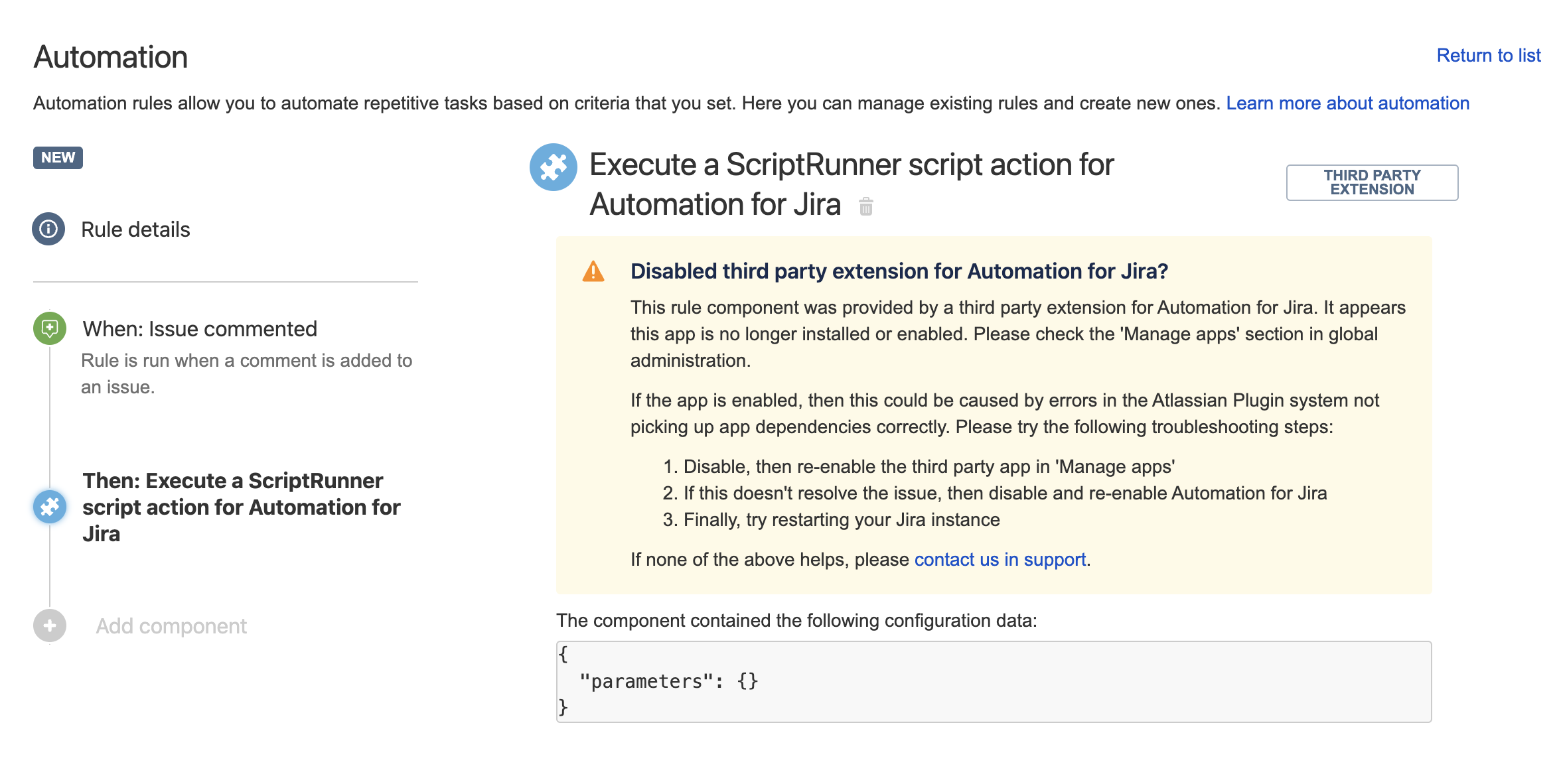 Execute ScriptRunner action error message - Scenario 1