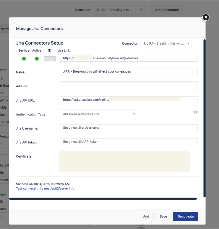 Manage Jira Connectors screen