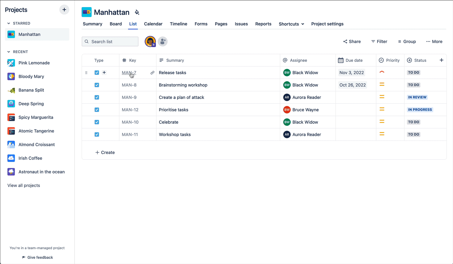 alt="Opening an issue from the list view to edit in more detail."