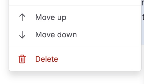 The Move up, Move down, and Delete options in the block menu.