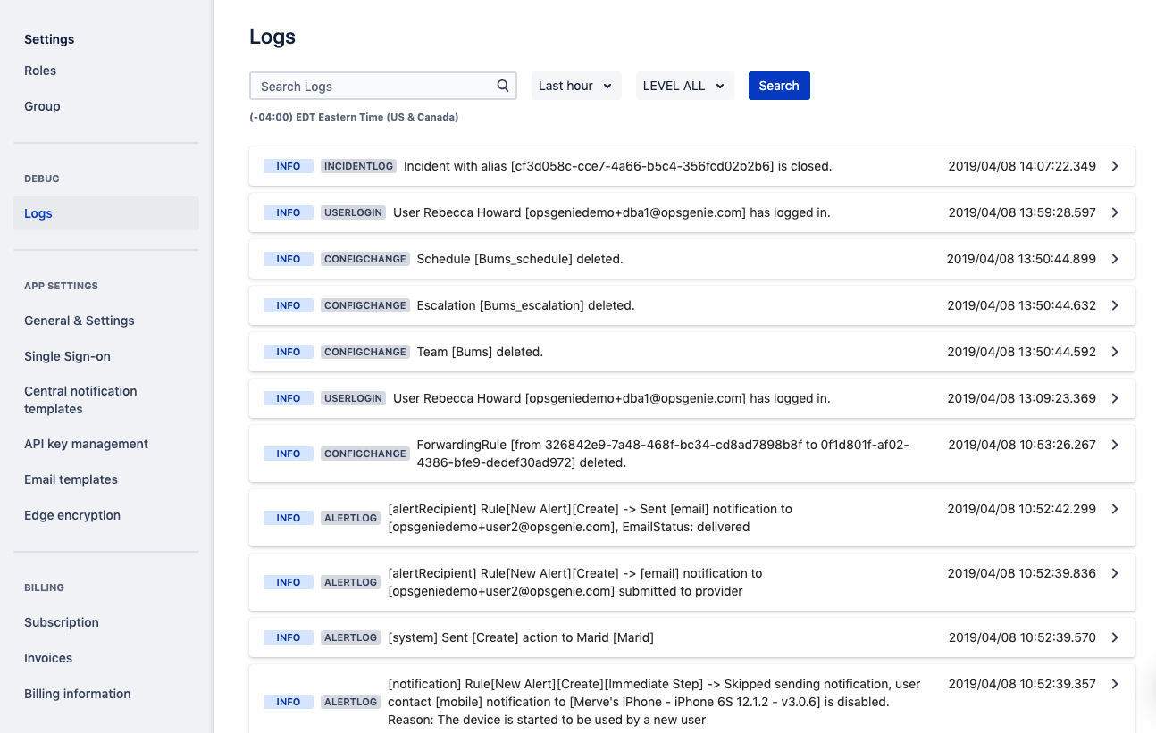 Logs page