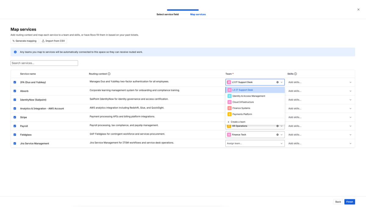 Screenshot showing how to map services to your team in Jira Service Management