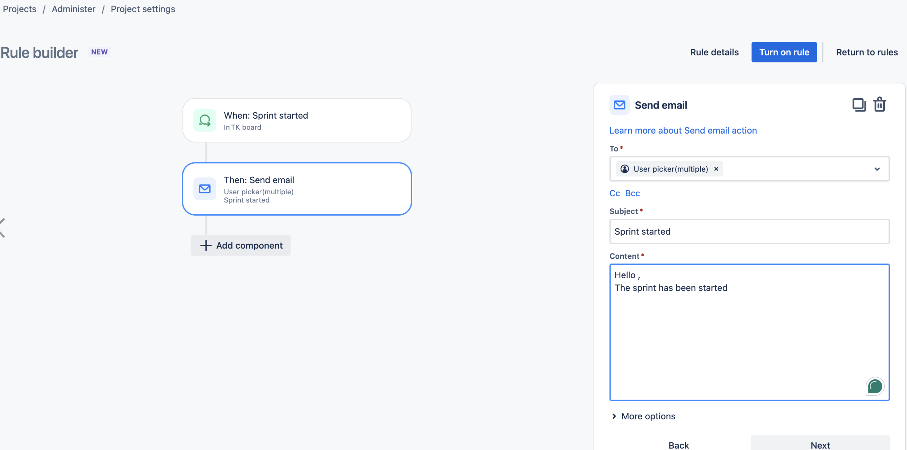 Send notification using automation when sprint is started