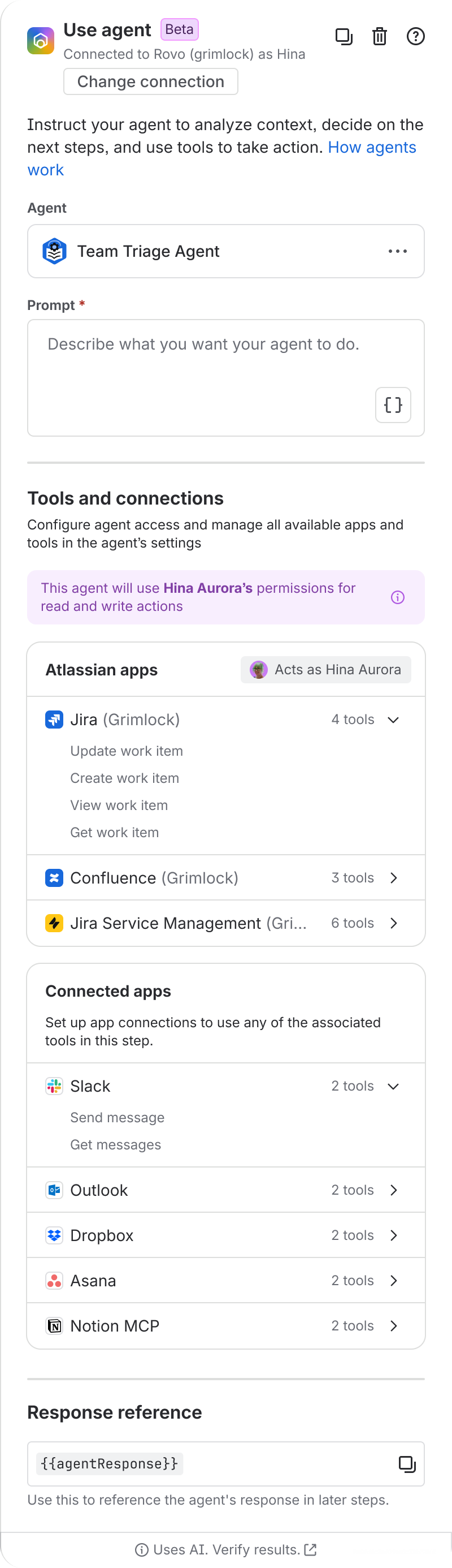 Example flow that uses an agent in the automation steps. The agent is set up with a users permissions