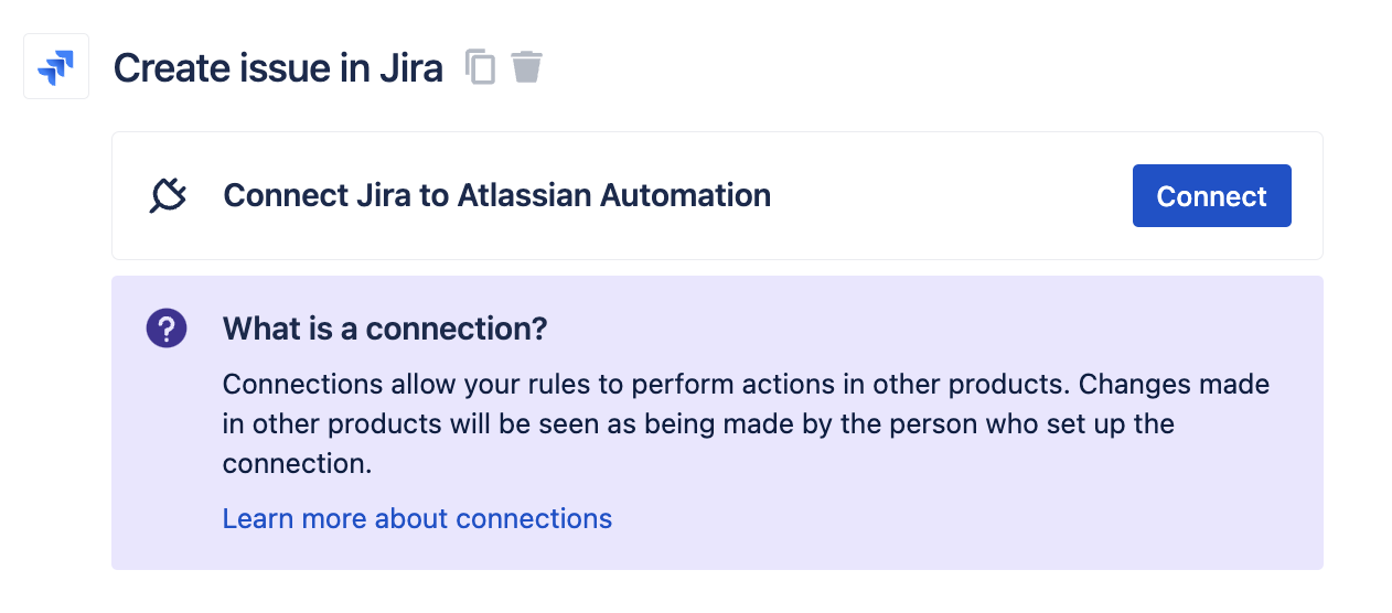 Example of the prompt you will see in-product which reads, "Connect Jira to Atlassian Automation".