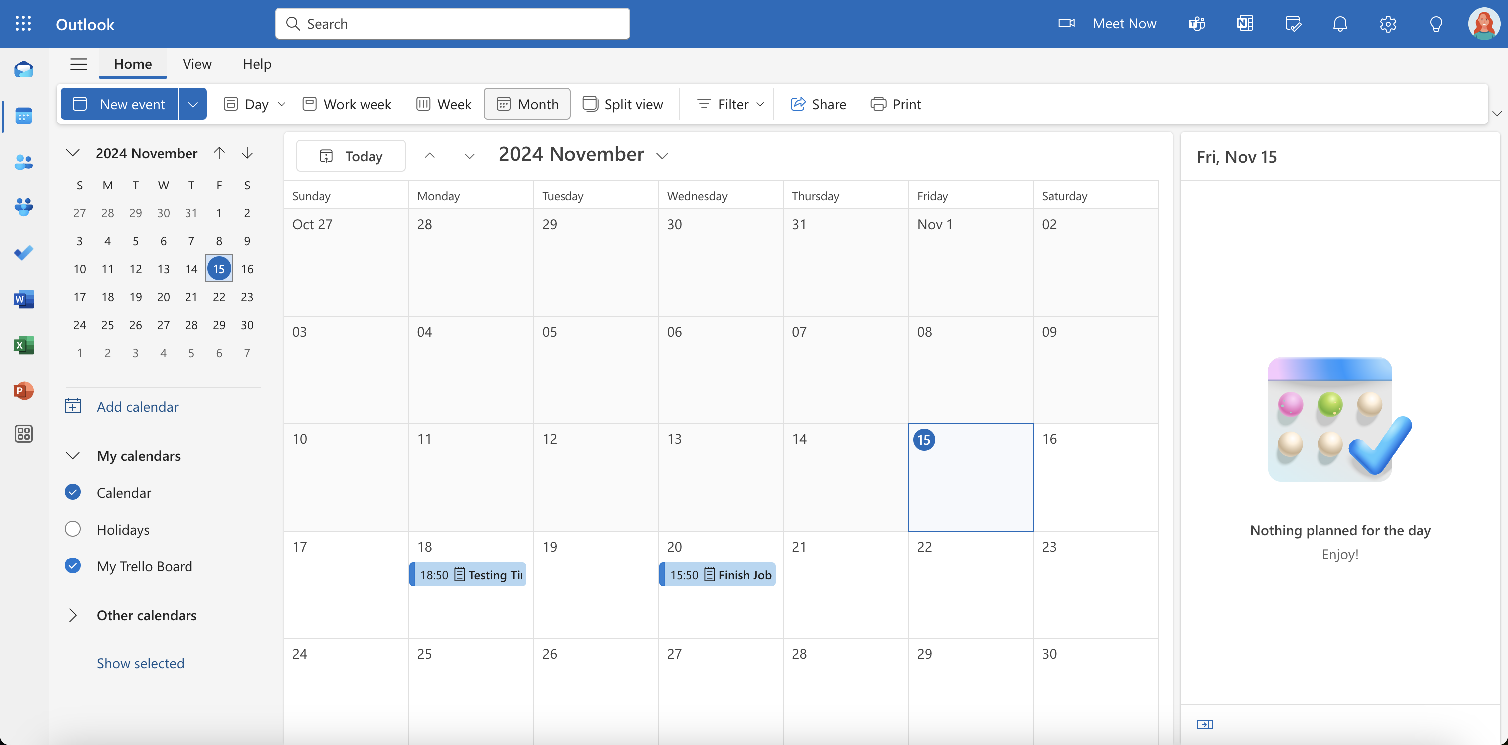 Outlook calendar view integrated with the Trello Board