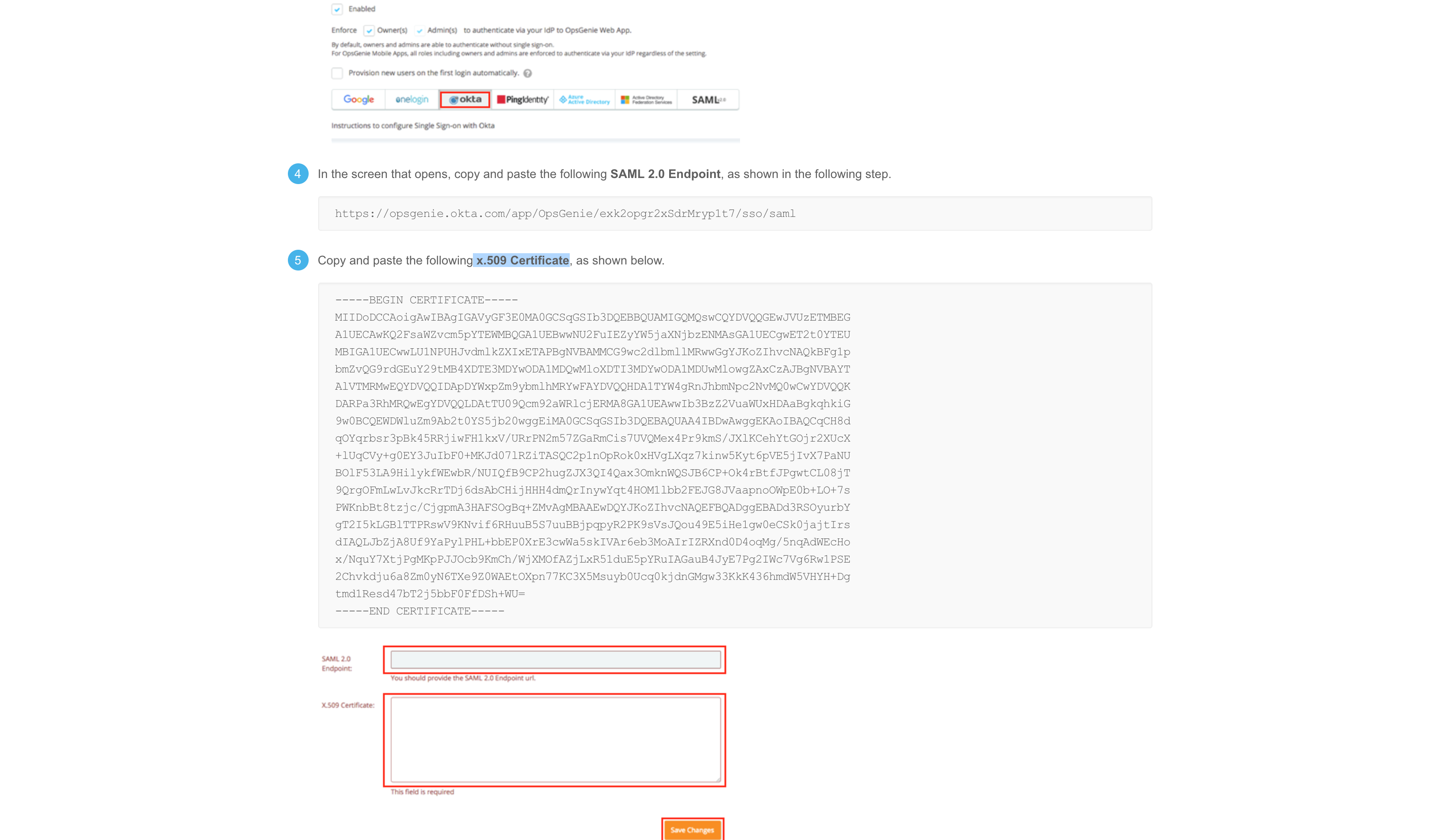 An image showing a sample x509 certificate for Opsgenie's Okta settings for SSO.