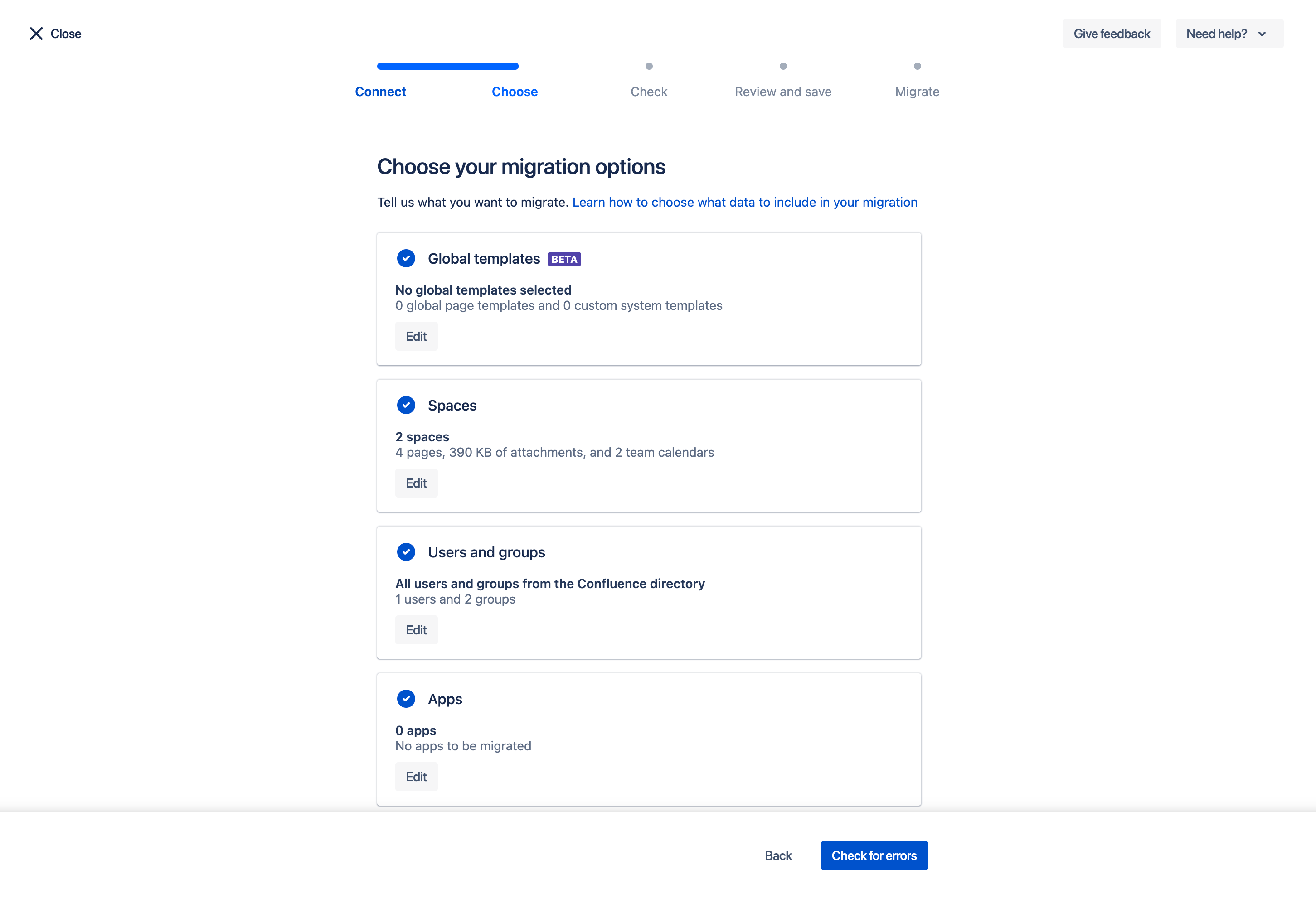 Tasklist screen to pick global templates, spaces, user and groups and apps