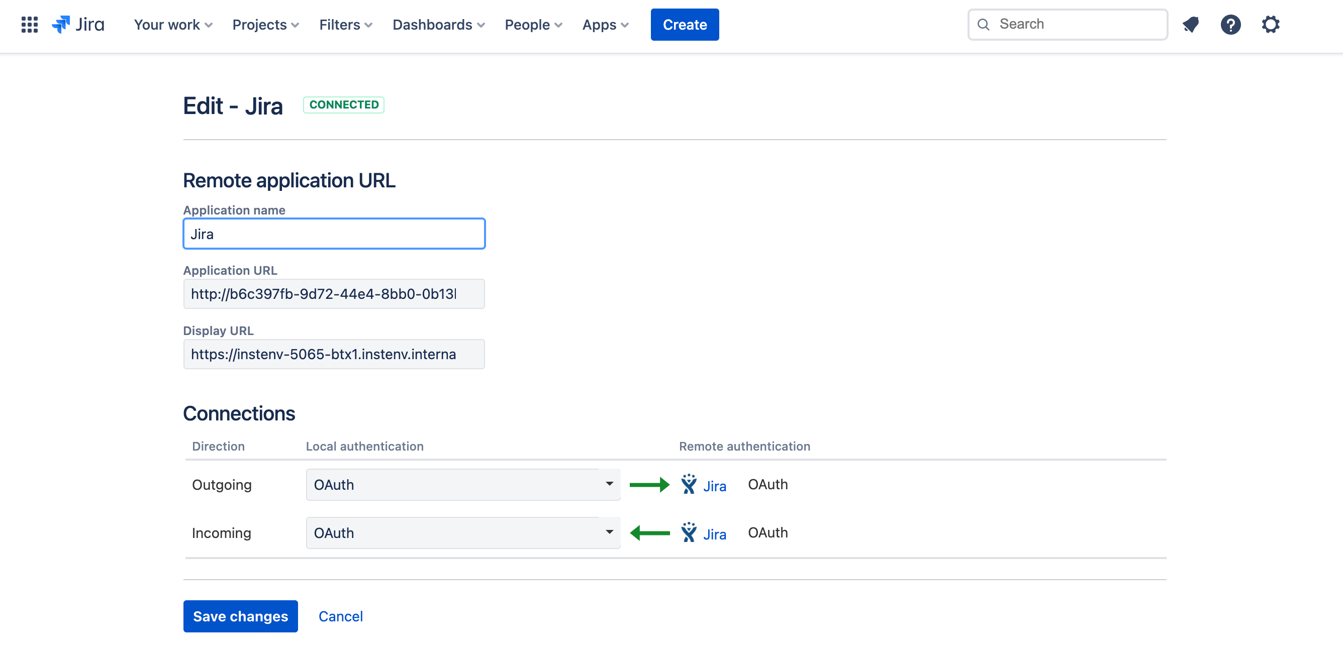 Details of a tunneled application link on the cloud side.