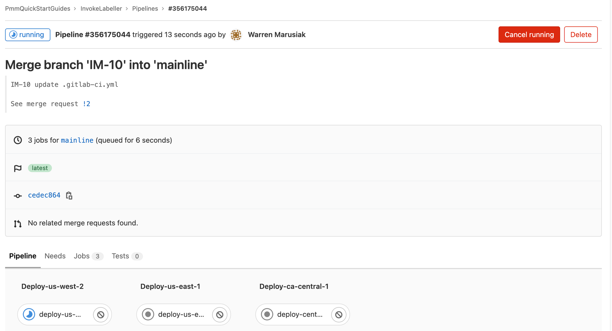 screenshot of running production pipeline in gitlab