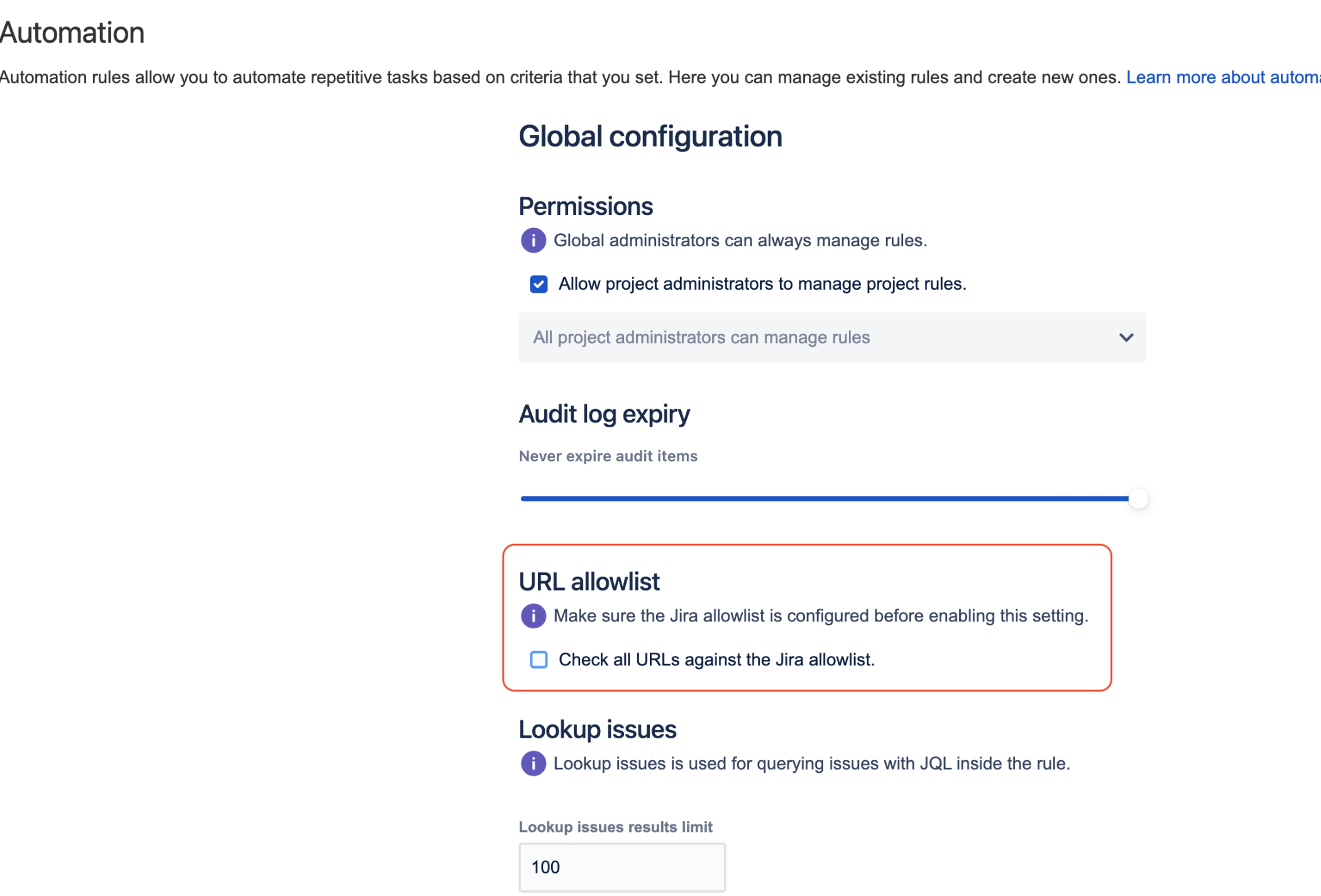 Automation allowlist configuration with url allowlist unchecked