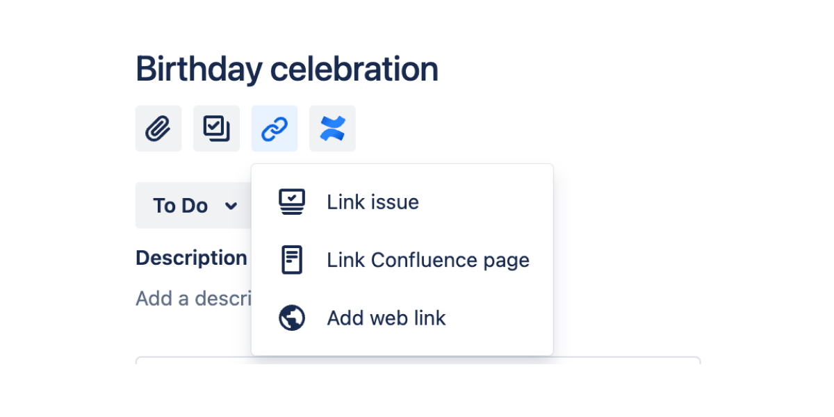 This image shows the option to link a Jira issue to other Jira issues, Confluence pages, and weblinks from the issue view.