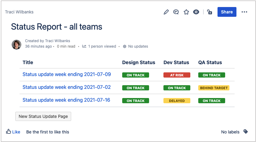 Status report page for all teams