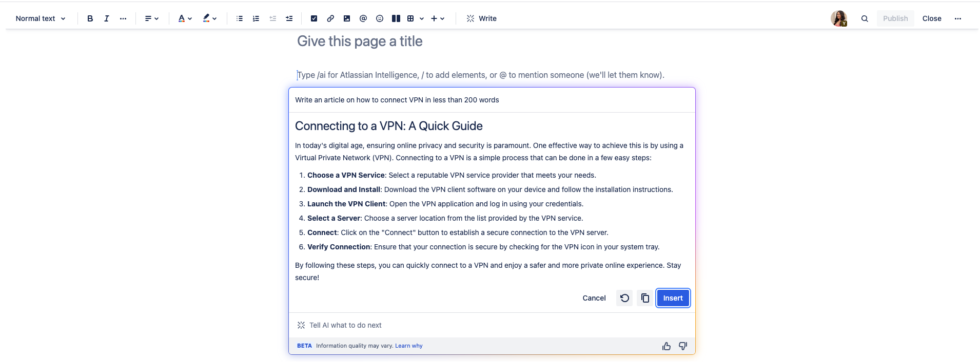 Draft content of a knowledge base article on how to connect VPN