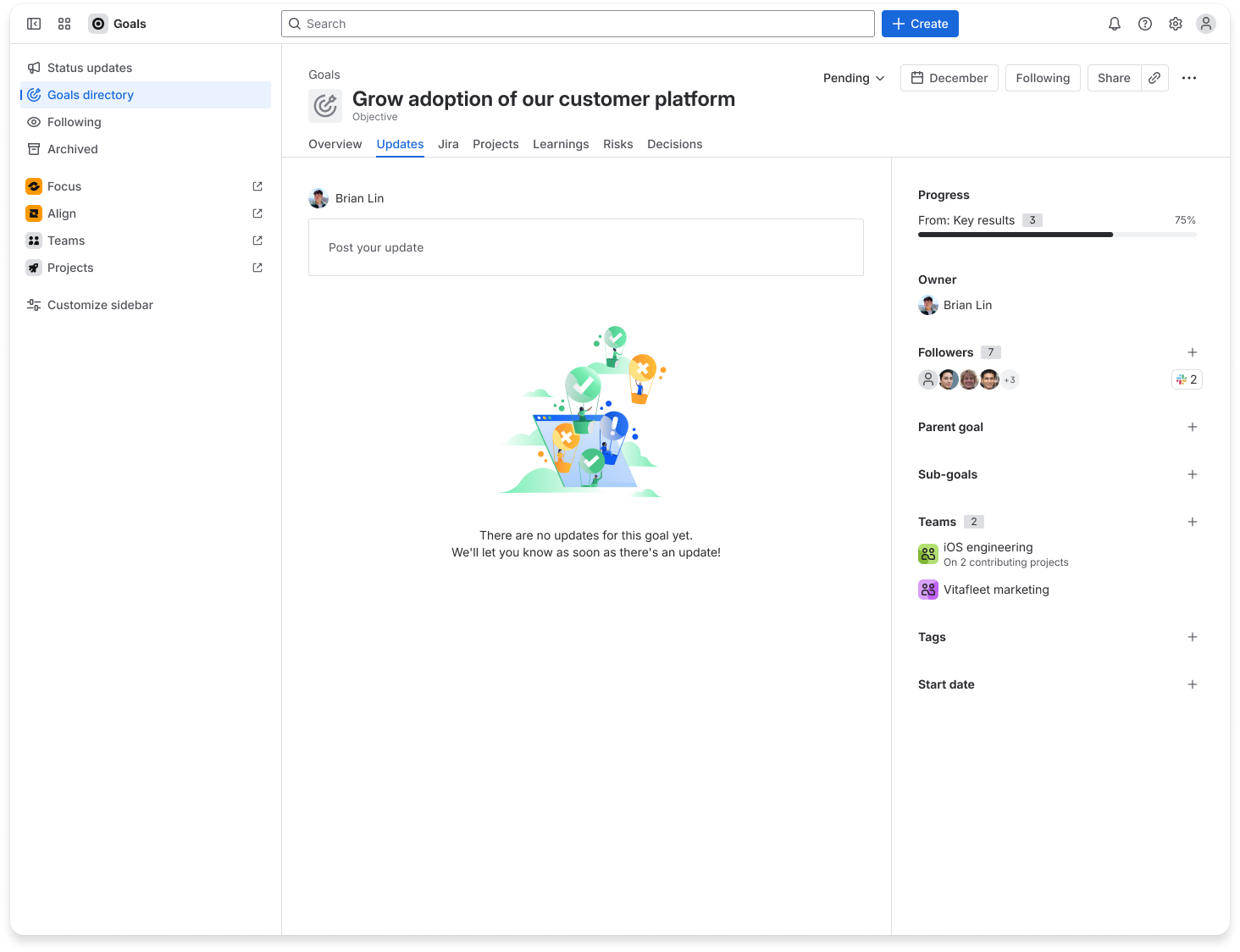 Screenshot of adding an update to a success measure