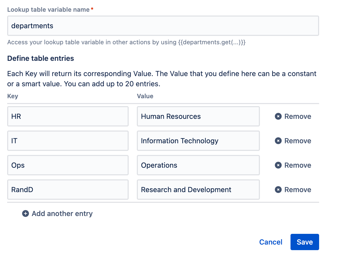 An image of the Create lookup table action. The keys defined are HR, IT, Ops, RandD with corresponding Values.