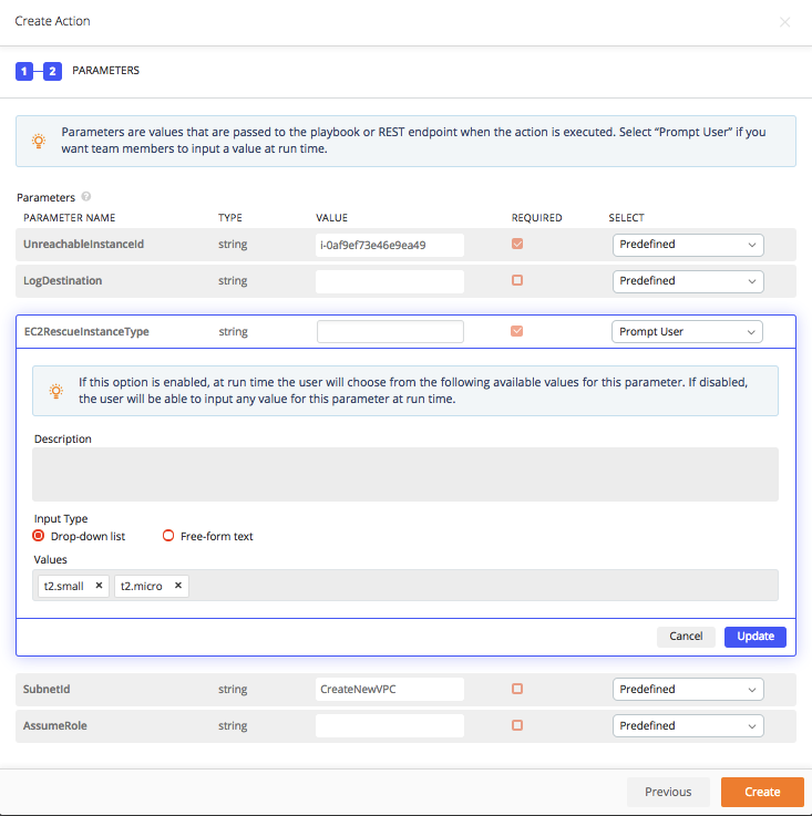 Action parameters