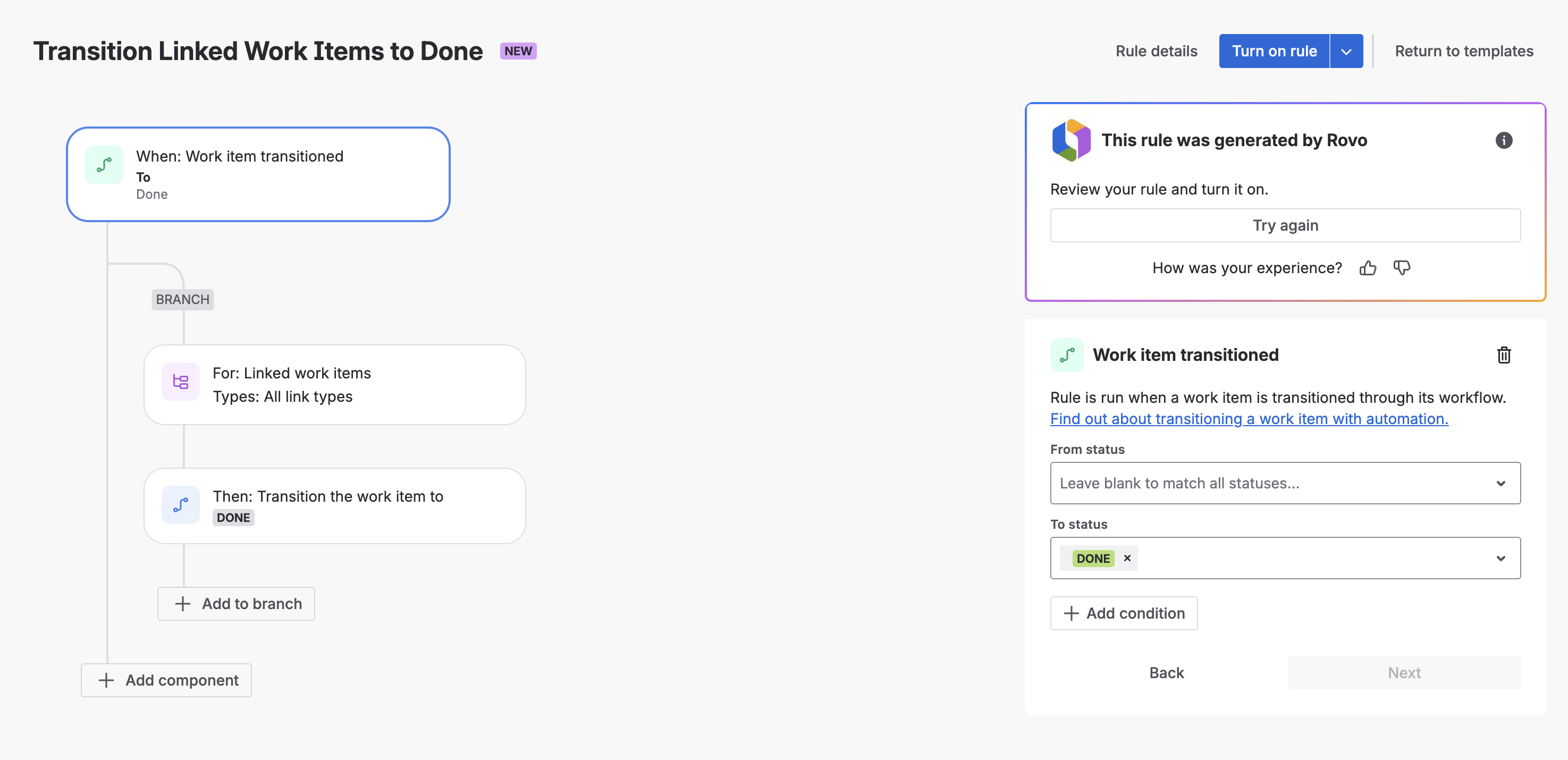 Screenshot of an automation rule that was created by Rovo