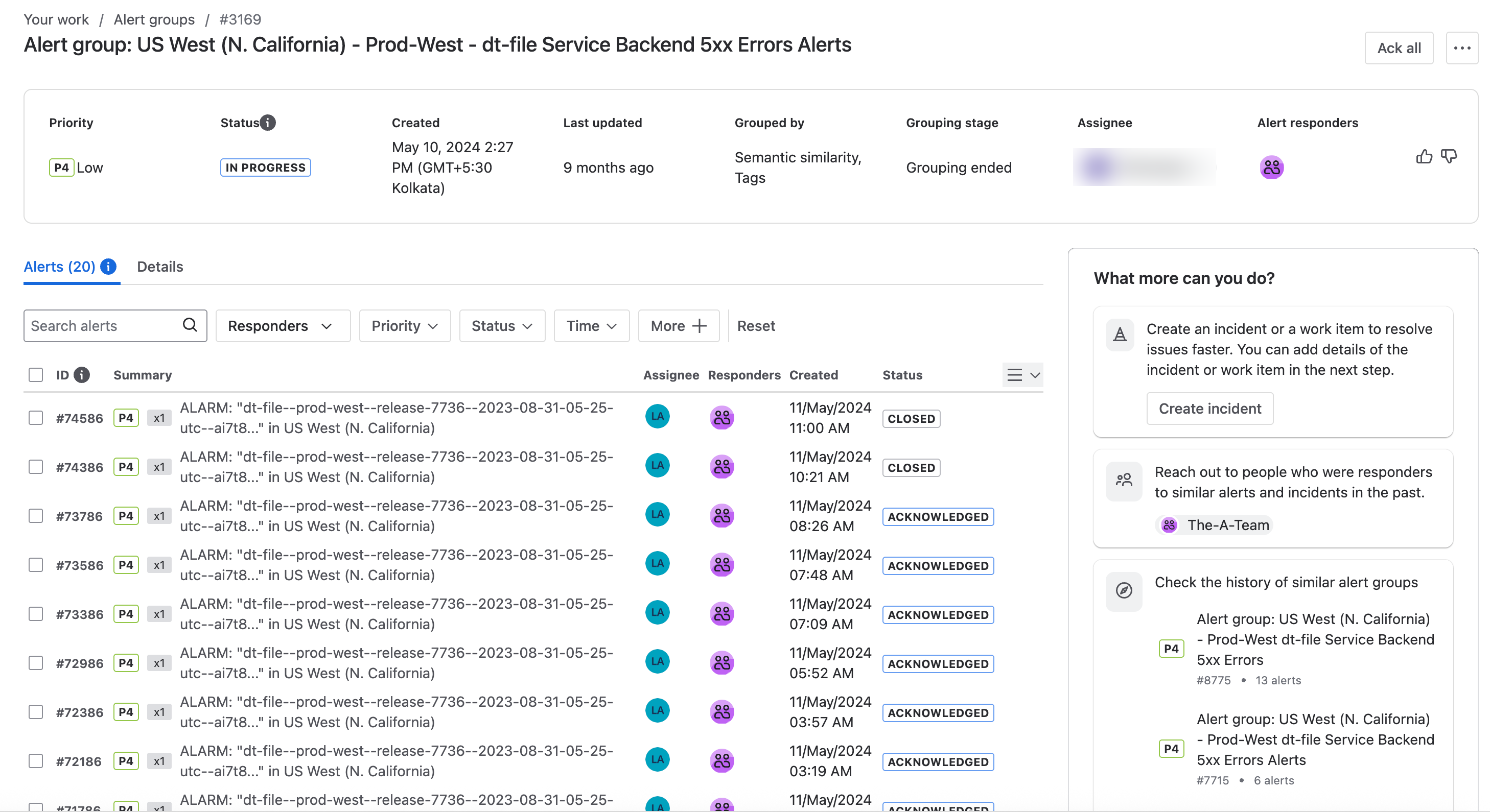 Alert list view showing individual alerts and alert groups