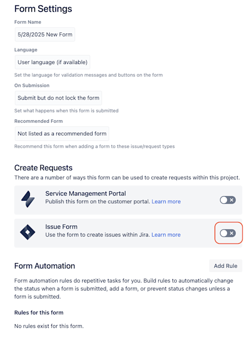 form settings with Issue Form selection turned off