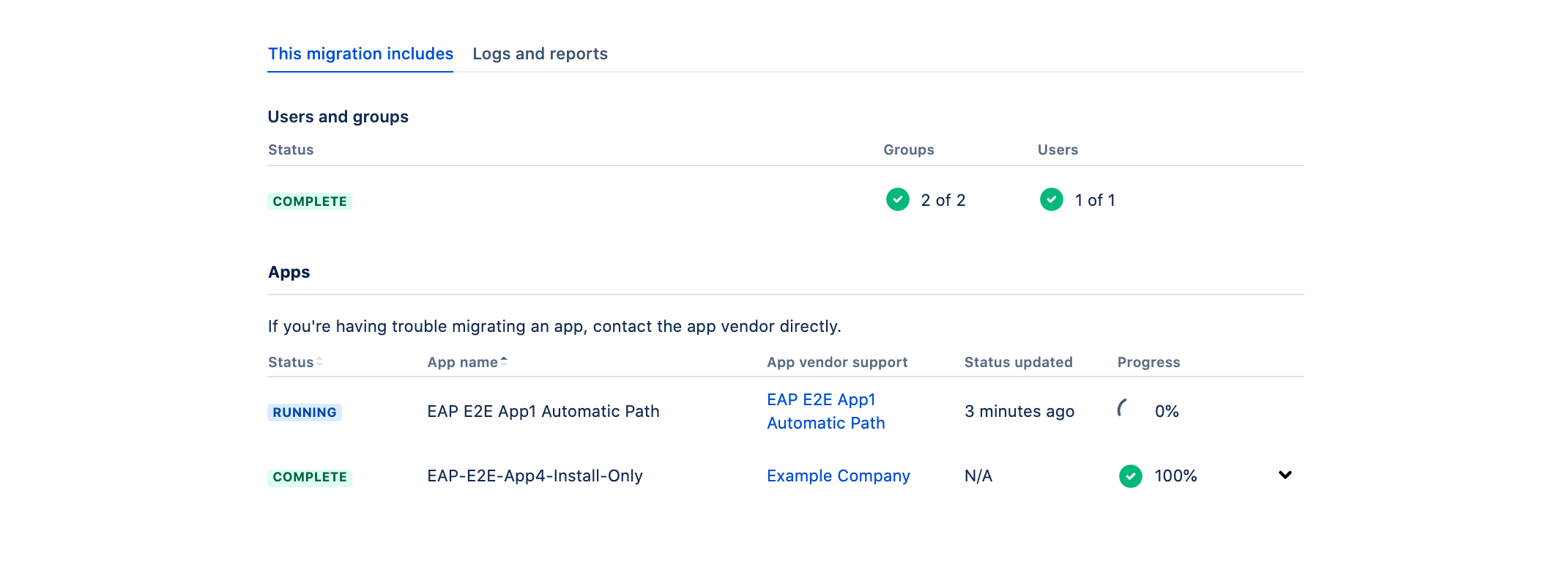 Details and progress of app migration.