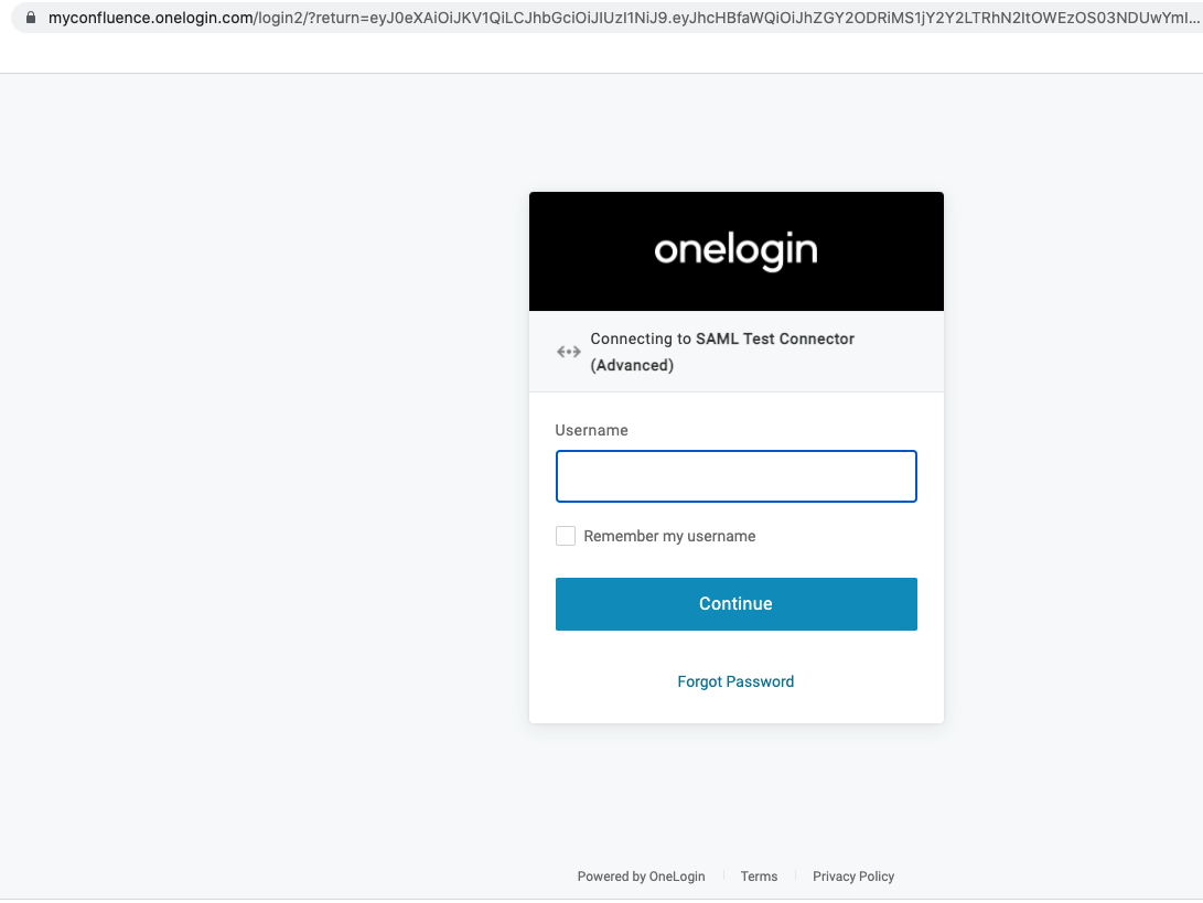Screenshot of OneLogin login screen. There is a username field with a 'Continue' button