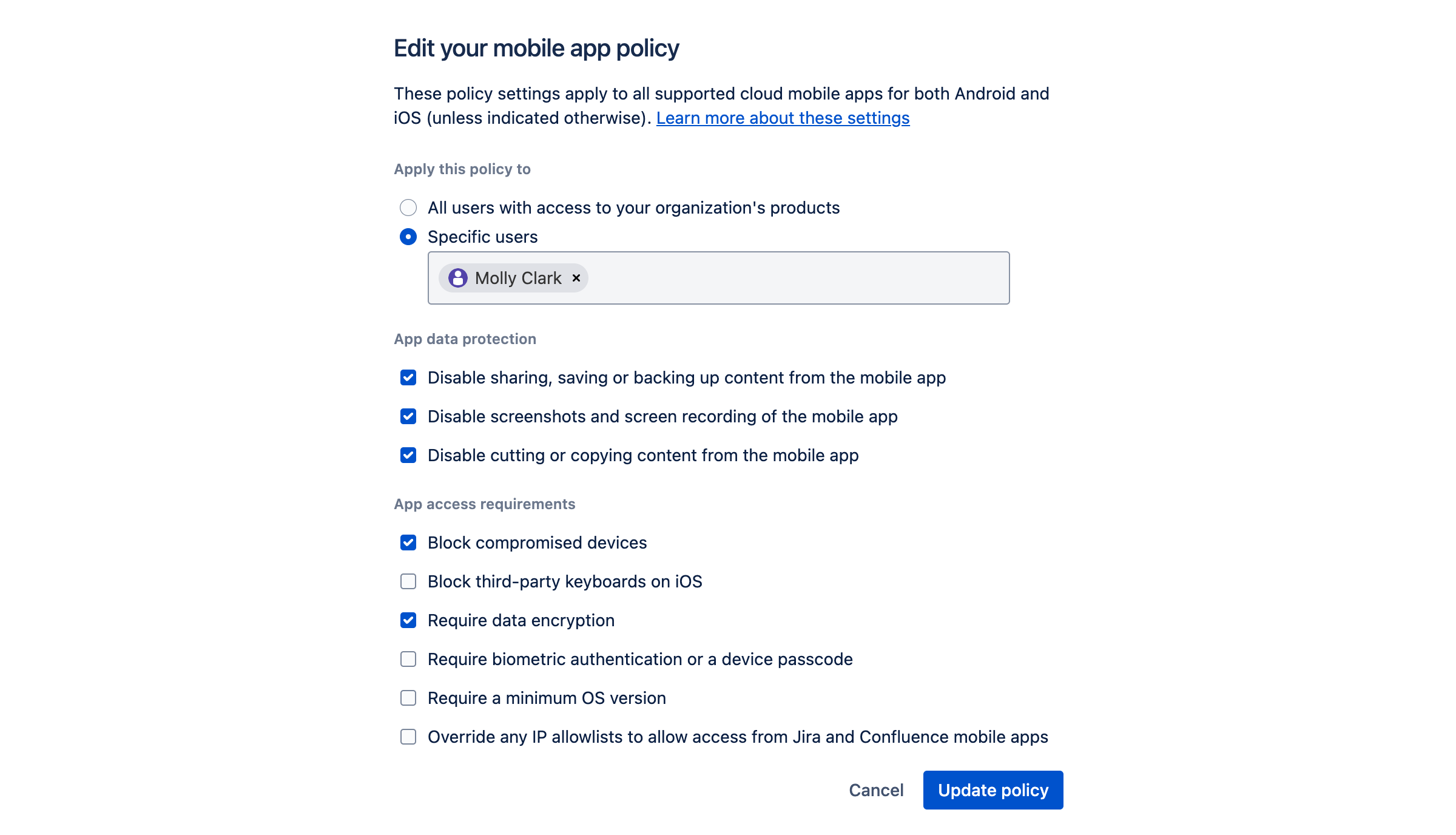 Create mobile app policy modal