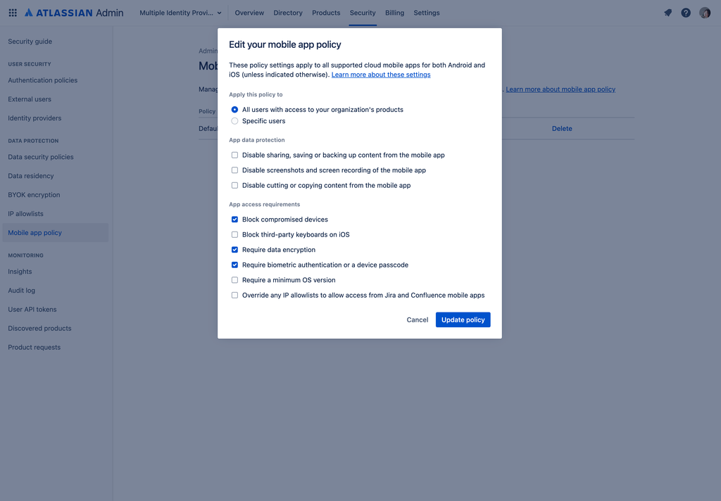 Create mobile app policy modal