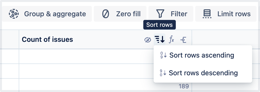 Expanded menu for Sort rows step on a single column