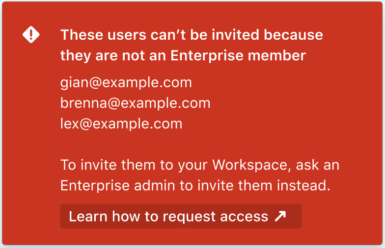 ワークスペース管理者が Enterprise シートを取得していないユーザーを追加した際に表示されるエラー メッセージ。