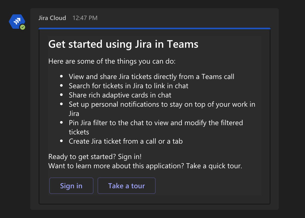 Microsoft Teams で Jira の使用を開始するための情報が記載されたカード