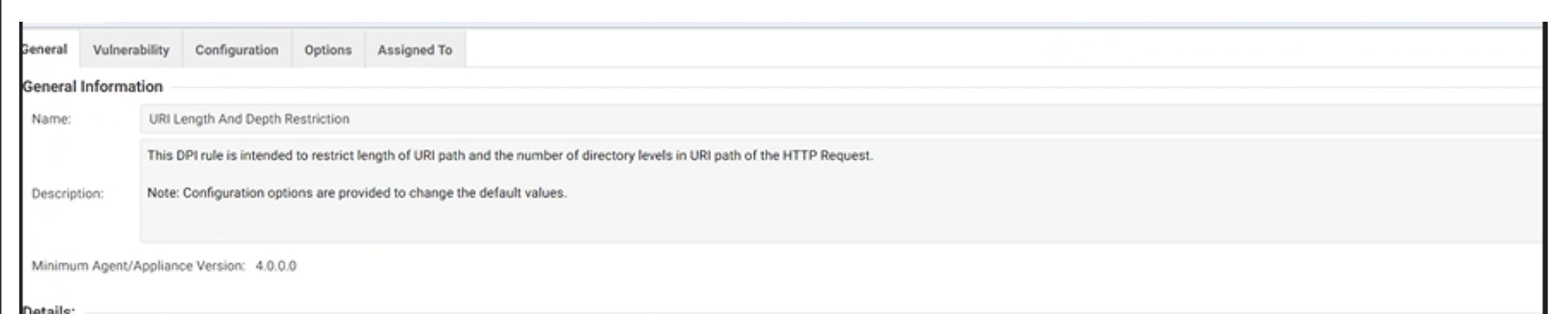Screenshot from an AV/network security service showing that the URI length can be manually configured