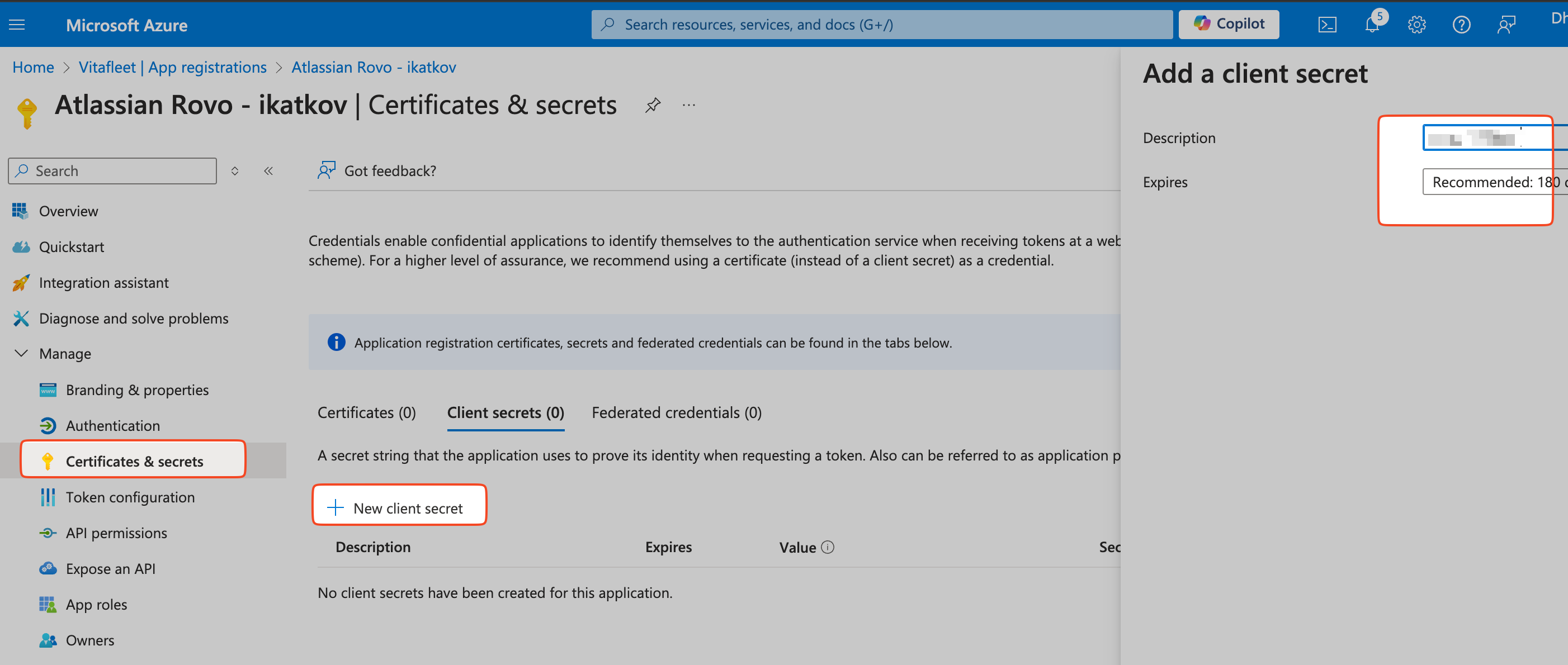 Screenshot of Azure portal, on the Add a client secret screen 