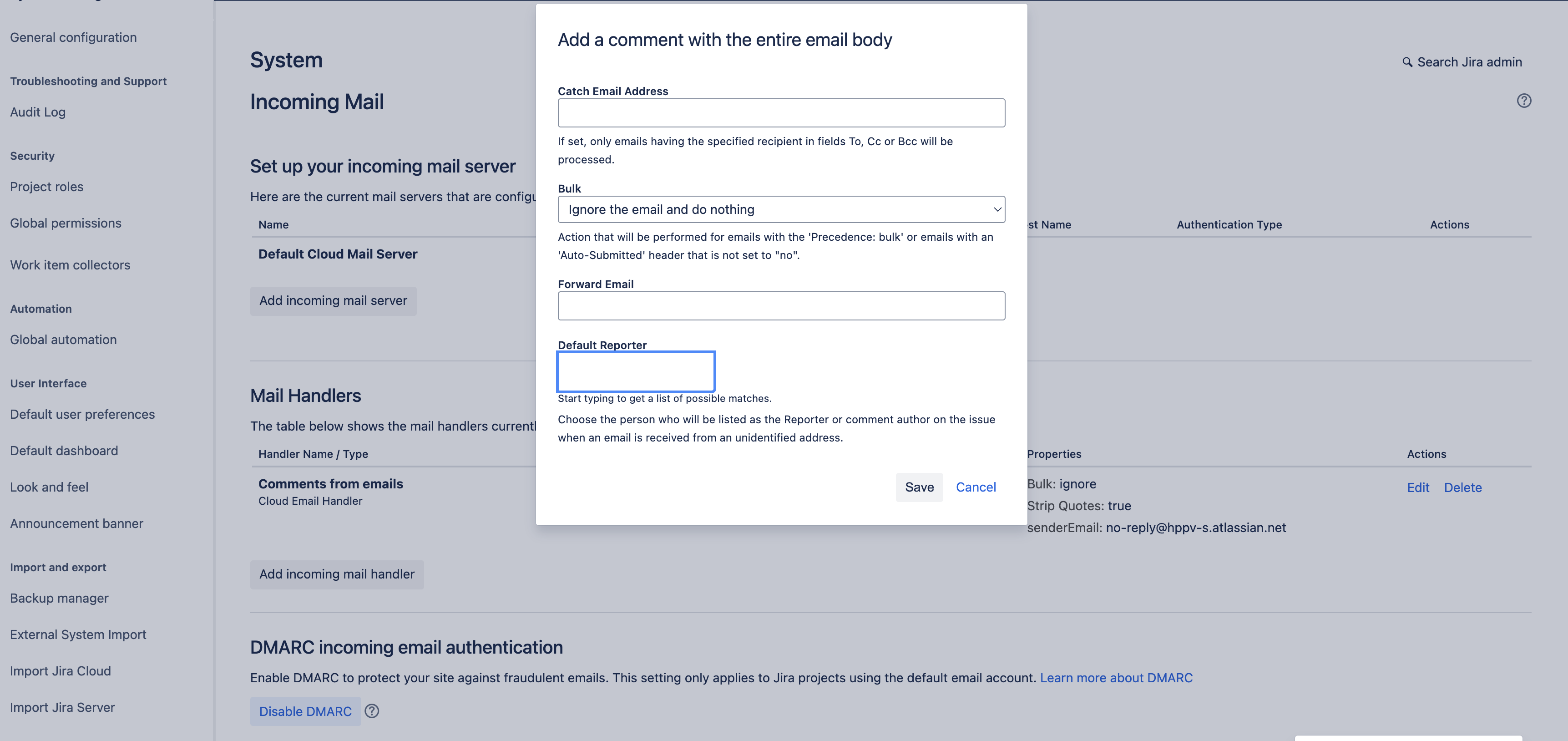 System Incoming Mail settings showing mail handlers and DMARC authentication options.