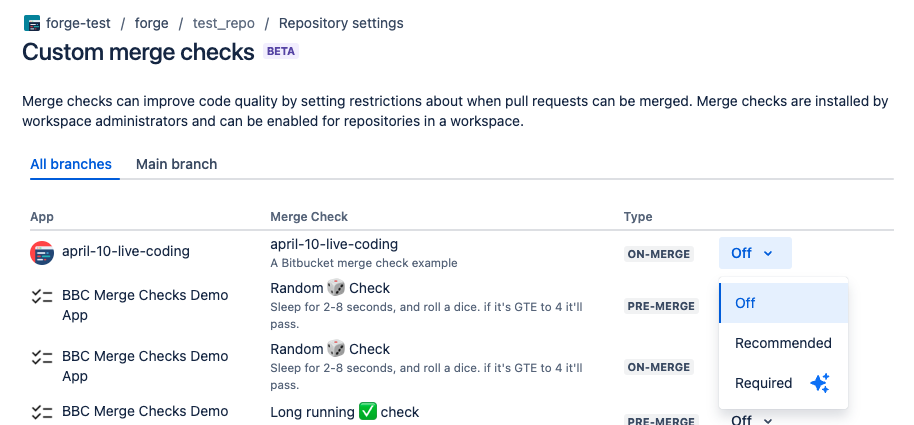 displaying the custom merge checks enablement options 