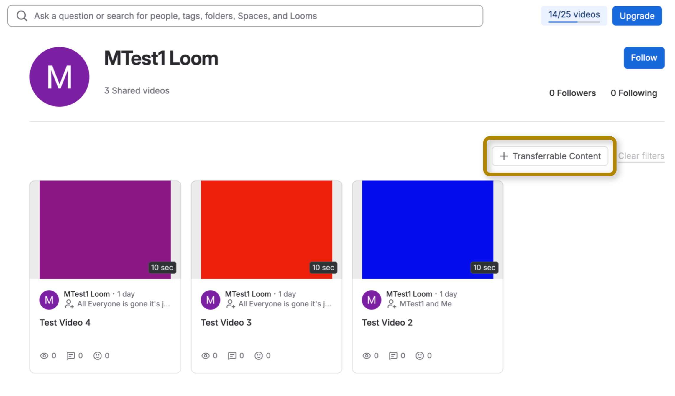 Loom Profile Page with Test Videos