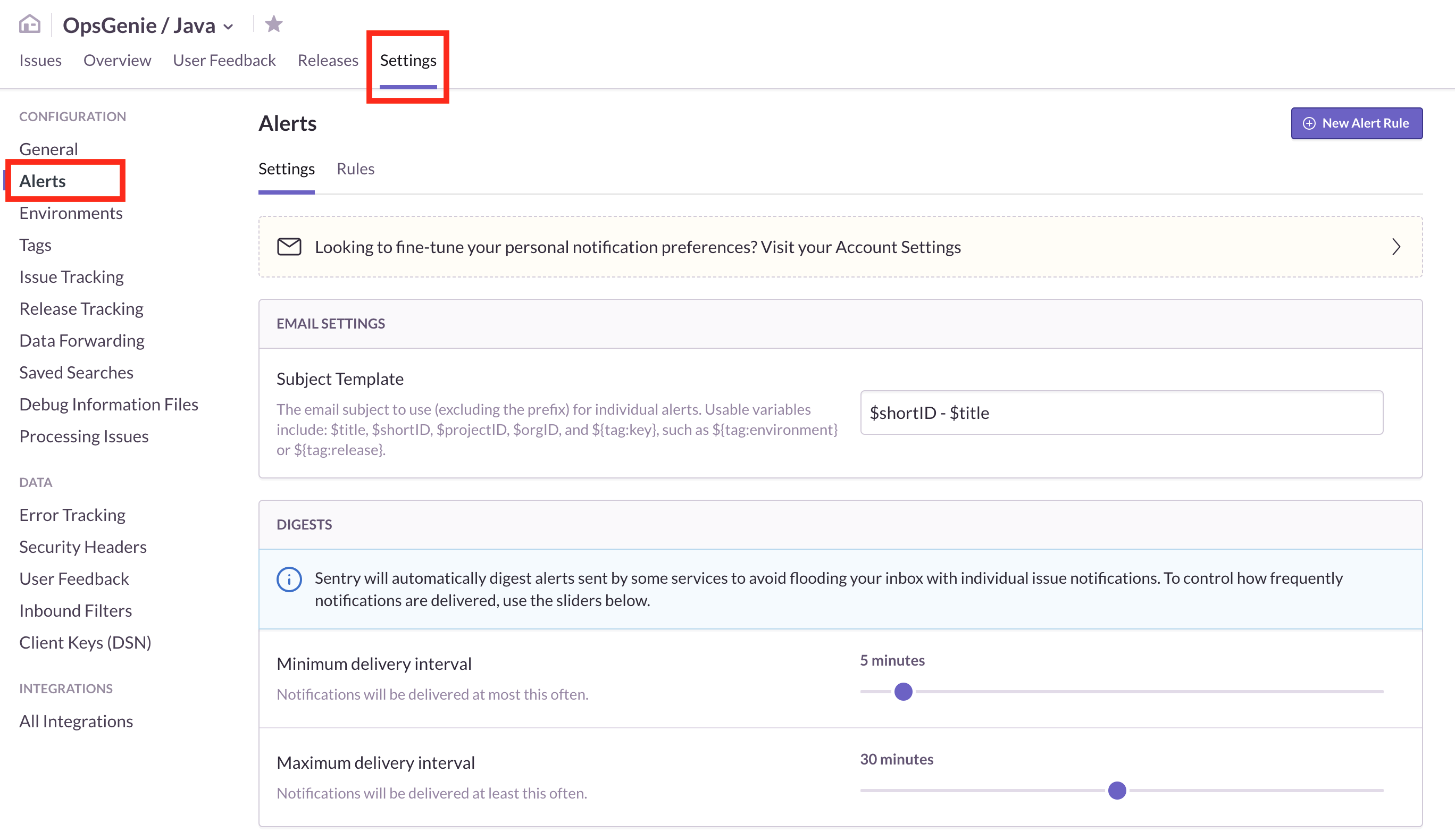 Sentry alerts settings