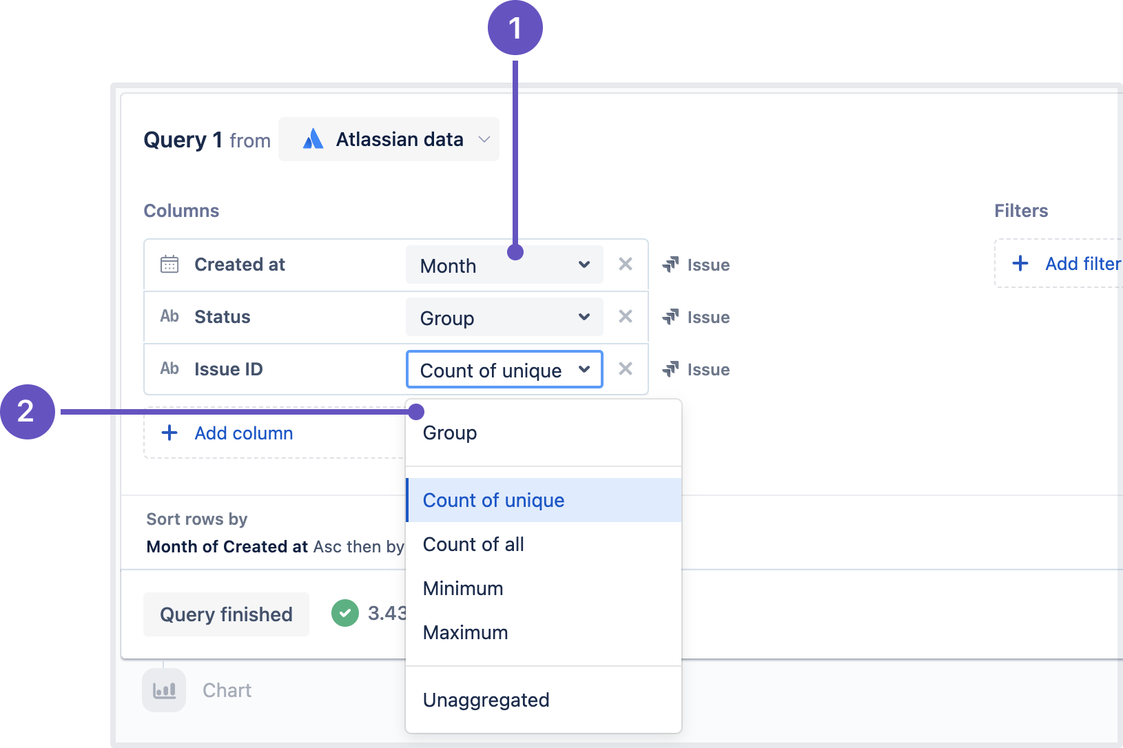 Expanded aggregation menu for a column in a visual mode query