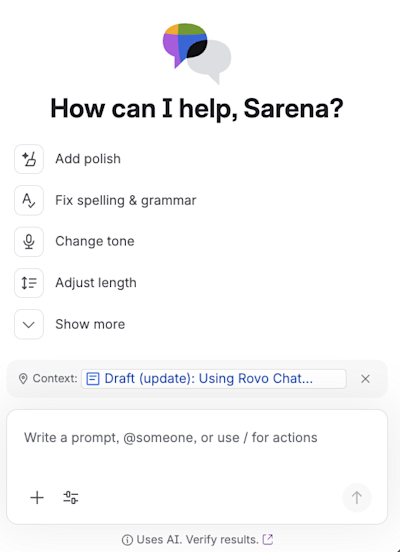 Rovo Chat prompt window says "write a prompt, @someone, or use / for actions." Personal heading asks, How can I help, Sarena?