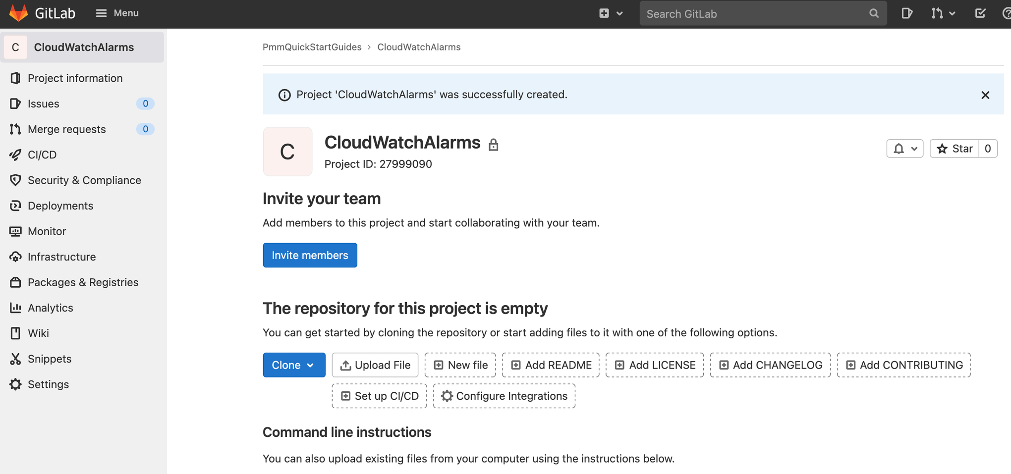 Gitlab でプロジェクトの「cloudwatchalarms」を作成するスクリーンショット