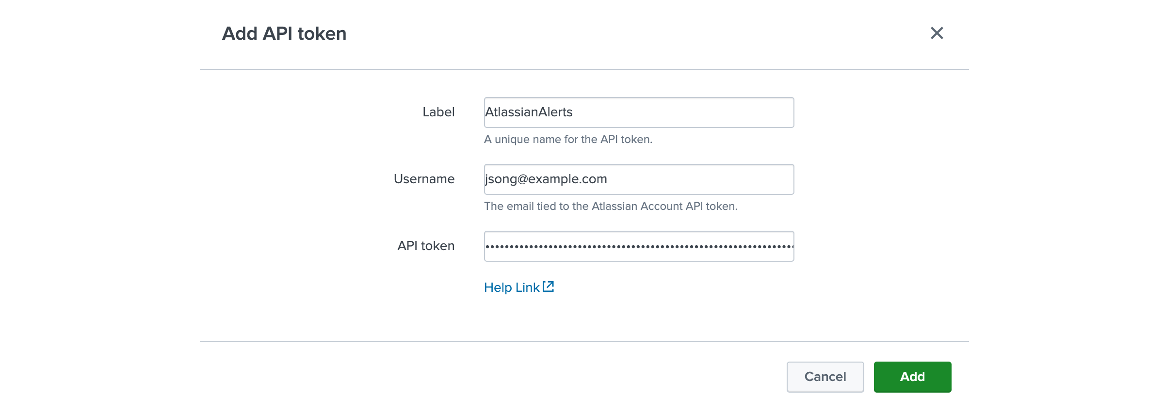 Add API token screen in Splunk