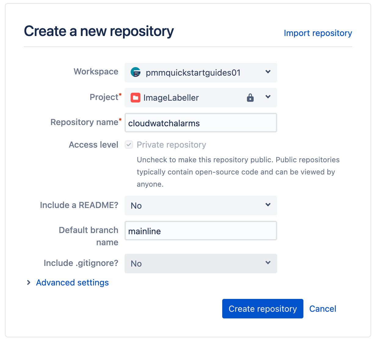 screenshot of repository creation modal in bitbucket